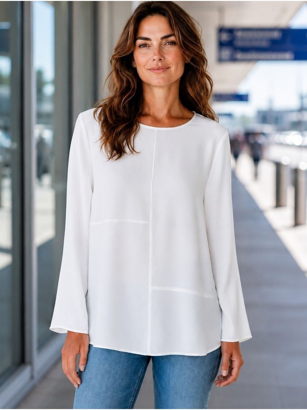 Ganji  Ivory Minimalist Lightweight Knit Top with Seamed Front and Flare Sleeves